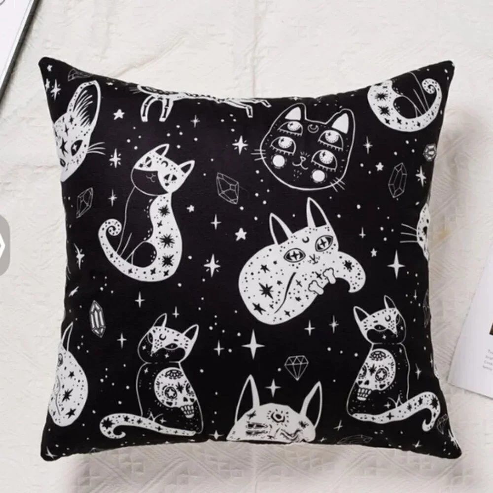 Pillow Cover Celestial Cat Moon Stars Black White Large Square 17.7 in